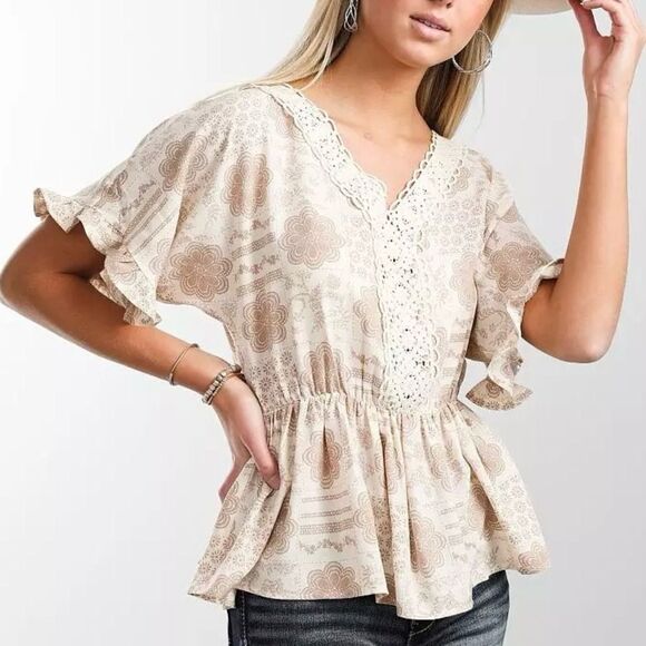 Daytrip Tops - Daytrip Medallion Print Peplum Top Ivory Tan Size Small